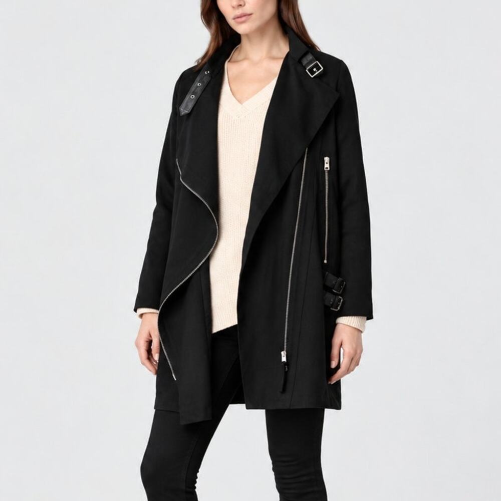 All Saints Women's Wren Biker Coat in Black leather buckles size 6